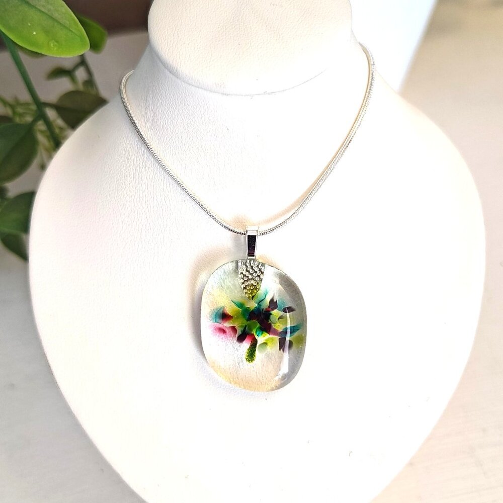 OOAK handmade colorful floral pendant Minimalist fused glass jewelry + necklace